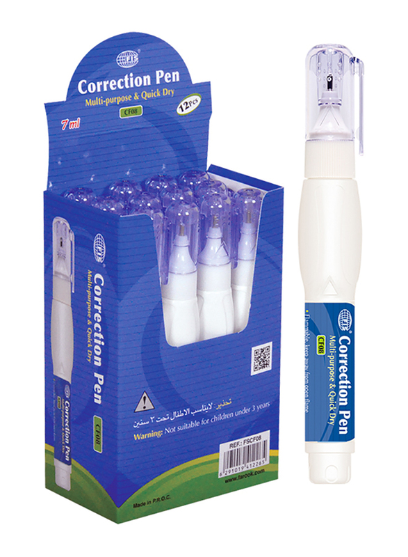 FIS 12-Piece Correction Pen, 7ml, FSCF08, White