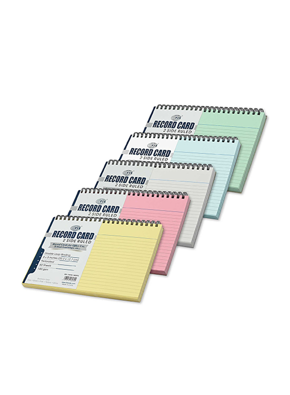 FIS Ruled Double Loop Spiral Binding Record Card, 8 x 5 Inch, 50 Sheets, 180 Gsm, FSIC85-180SP5C, Assorted
