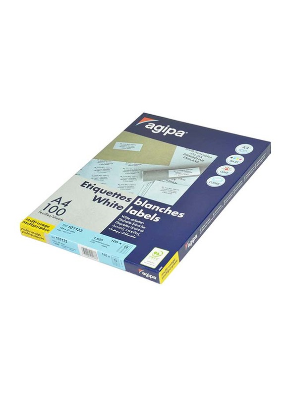 Agipa Multipurpose Label, 105 x 37mm, 1600 Labels, 100 Sheets, A4 Size, APLA101133, White