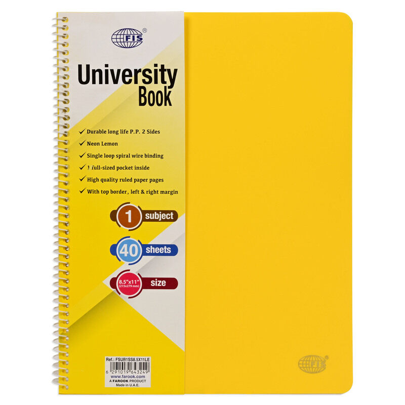 

FIS Deluxe University Book, Spiral PP Neon Soft Cover, 1 Subject, (215x279mm) Size, 40 Sheets, Lemon Color-FSUB1SS8.5X11LE