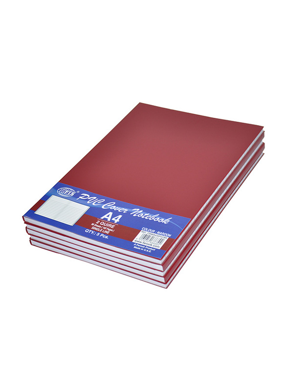 FIS PVC Cover Notebooks, Single Line, 5 Pieces x 192 Pages, A4 Size, Maroon