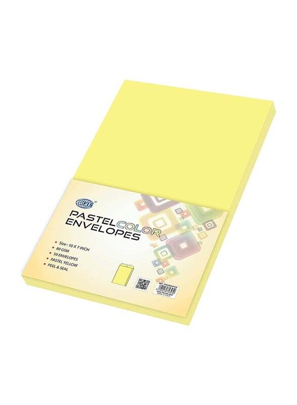 FIS Colour Peel & Seal Envelopes, 50-Piece, 80 GSM, 10 x 7-Inch, Pastel Yellow