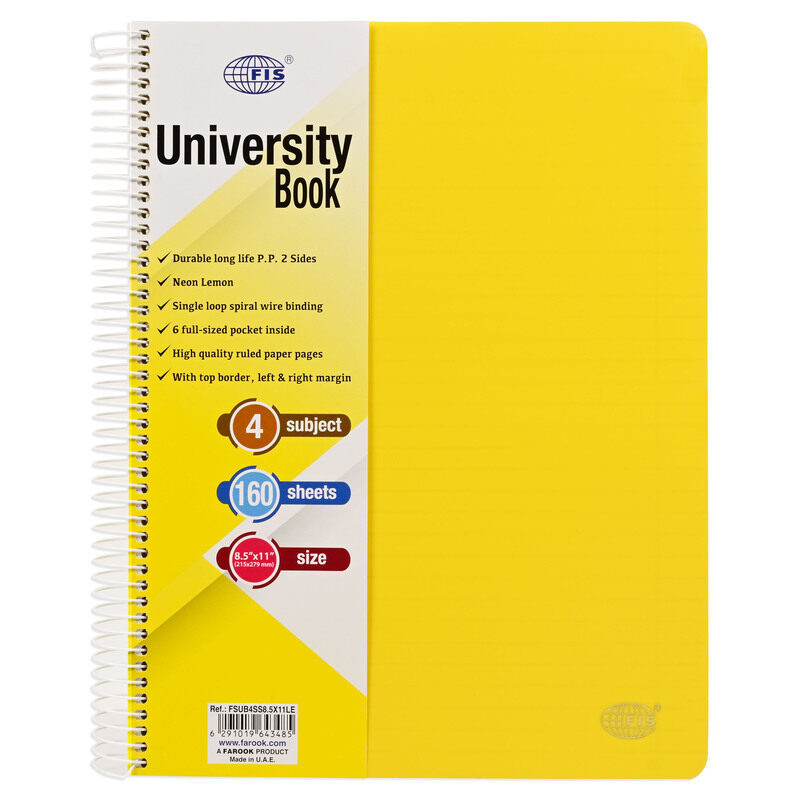 

FIS Deluxe University Book, Spiral PP Neon Soft Cover, 4 Subjects, (215x279mm) Size, 160 Sheets, Lemon Color- FSUB4SS8.5X11LE