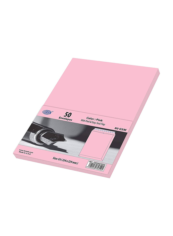 FIS Colour Peel & Seal Envelopes, 50-Piece, 80 GSM, C4 (324 x 229mm), Pastel Pink