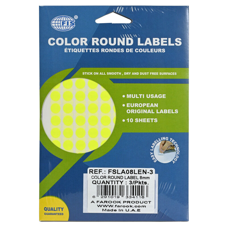 

FIS Color Round Label, 8mm Sticker Size, 150 Labels, 10 Sheets Per Pack, Pack of 3, Color Fluorescent Lemon - FSLA08LEN-3