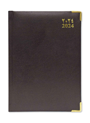 FIS 2024 Arabic/English Vinyl 1 Side Padded Gold Corenrs Diary, 384 Sheets, 60 GSM, A5 Size, FSDI22AE24CH, Chocolate