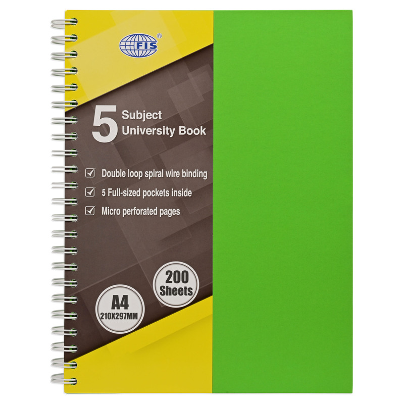 FIS University Book, Double Loop Spiral Hard Cover, Single Ruled with Border, 5 Subjects, A4 Size (210x297mm), 200 Sheets, Parrot Color- FSUB5S230