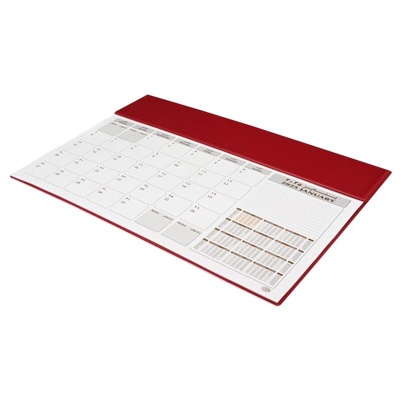 

FIS 2025 Year Planner with PVC Desk Blotter Materials, 12 Sheets, 1 Month Per Sheet, Size 490x340mm, English/Arabic, White Paper, Maroon Color-FSDK2AE