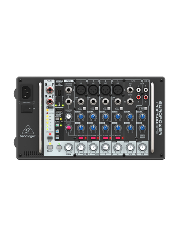 Behringer 8 Channel Powered Mixer with MP3 Player, Reverb and Wireless Option, PMP500MP3, Grey/Black