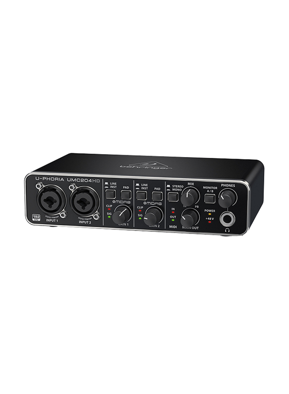 Behringer Audiophile 2x4, 24-Bit/192 kHz USB Audio/MIDI Interface with Midas Mic Preamplifiers, UMC204HD, Black