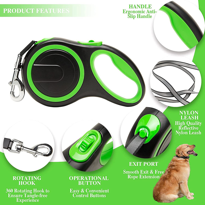 Anti-Slip Handle Retractable Dog Leash, 8M, Green/Black