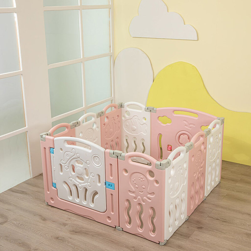 

HOCC 10 Panel Foldable Baby Play Pens with Safety Lock Door, Pink/White