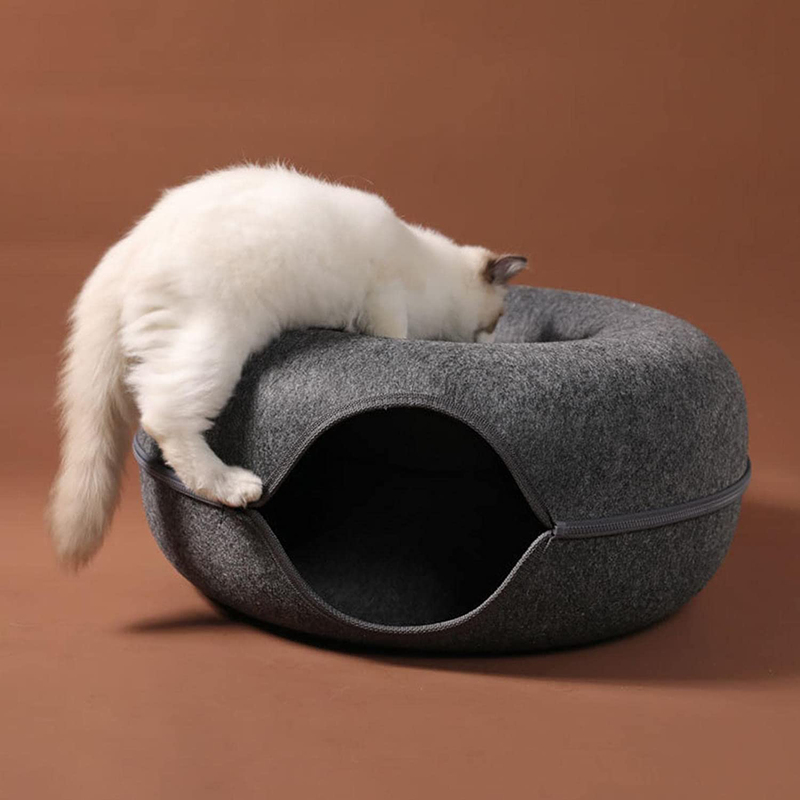 Peekaboo Round Felt Cat Cave Tunnel/Nest, Light Grey