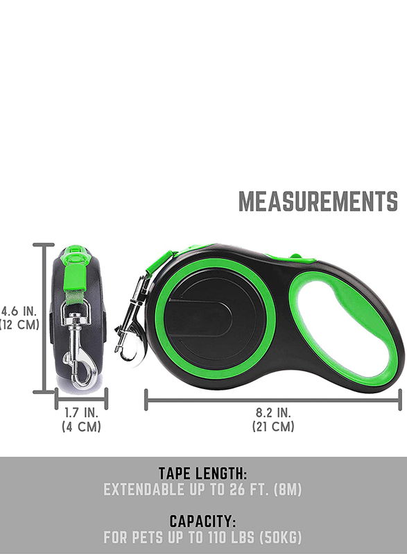 Anti-Slip Handle Retractable Dog Leash, 8M, Green/Black