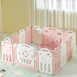 HOCC 14 Panel Foldable Baby Play Pens with Safety Lock Door, Pink/White