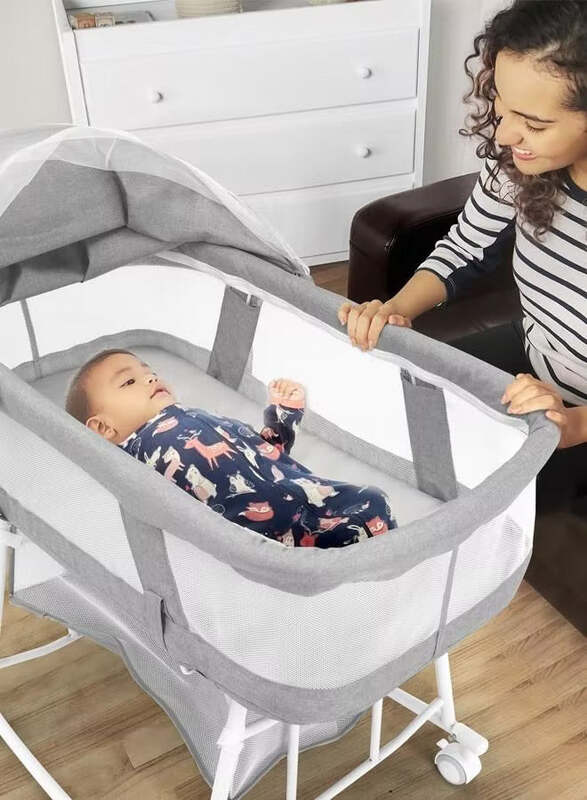 3-in-1 Portable Baby Sleeper Rocking Cradle Bed, Baby Sleeper Crib with Storage Basket ,Easy Carry Bassinet with Breathable Net Mattress Grey colour