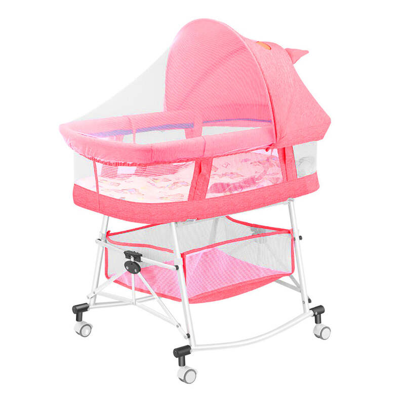 3-in-1 Portable Baby Sleeper Rocking Cradle Bed, Baby Sleeper Crib with Storage Basket ,Easy Carry Bassinet with Breathable Net Mattress Pink colour