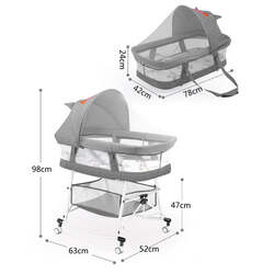 3-in-1 Portable Baby Sleeper Rocking Cradle Bed, Baby Sleeper Crib with Storage Basket ,Easy Carry Bassinet with Breathable Net Mattress Grey colour