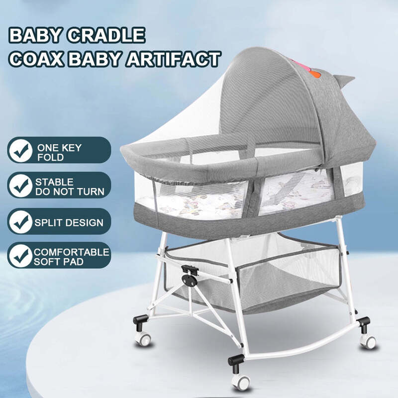 3-in-1 Portable Baby Sleeper Rocking Cradle Bed, Baby Sleeper Crib with Storage Basket ,Easy Carry Bassinet with Breathable Net Mattress Grey colour