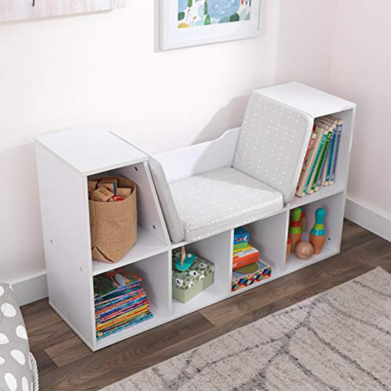 KidKraft Wooden Bookcase with Reading Nook, Storage and Gray Cushion, White