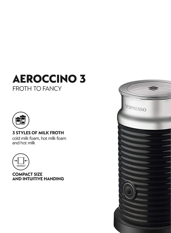 Nespresso Aeroccino 3 Milk Frother, 550W, 3694-US-BK, Black/Silver