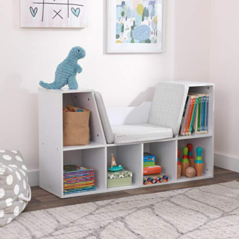 KidKraft Wooden Bookcase with Reading Nook, Storage and Gray Cushion, White