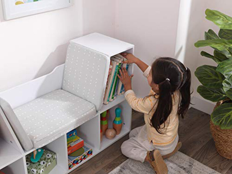 KidKraft Wooden Bookcase with Reading Nook, Storage and Gray Cushion, White