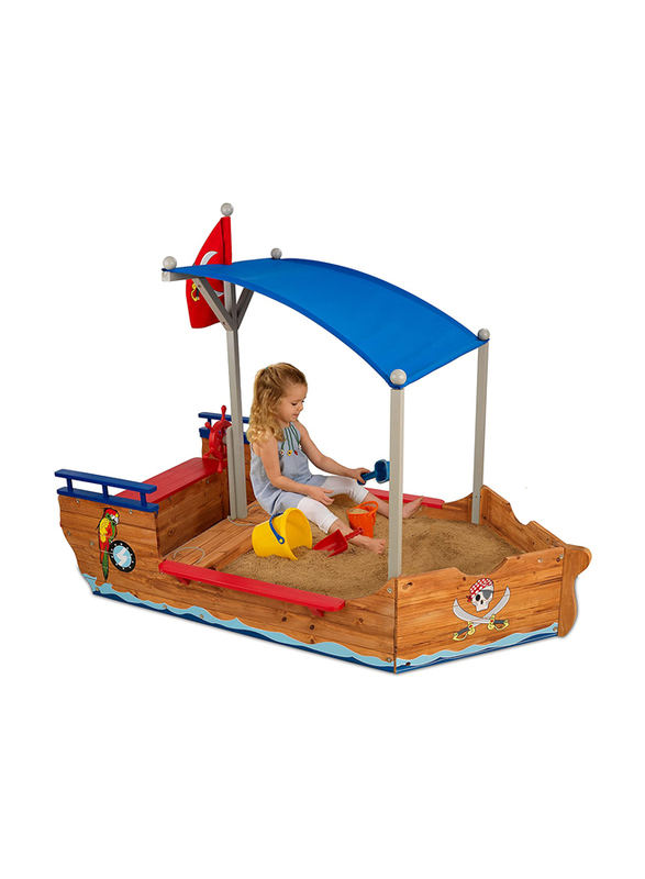 KidKraft 128 Pirate Sandboat Wooden Outdoor Garden Sandbox, Brown, Ages 3+