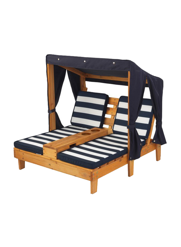 KidKraft Double Kids Chaise Lounge with Cup Holders, Honey/Navy Blue