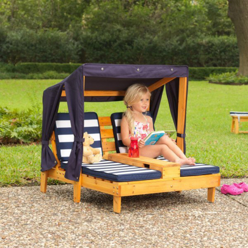 KidKraft Double Kids Chaise Lounge with Cup Holders, Honey/Navy Blue