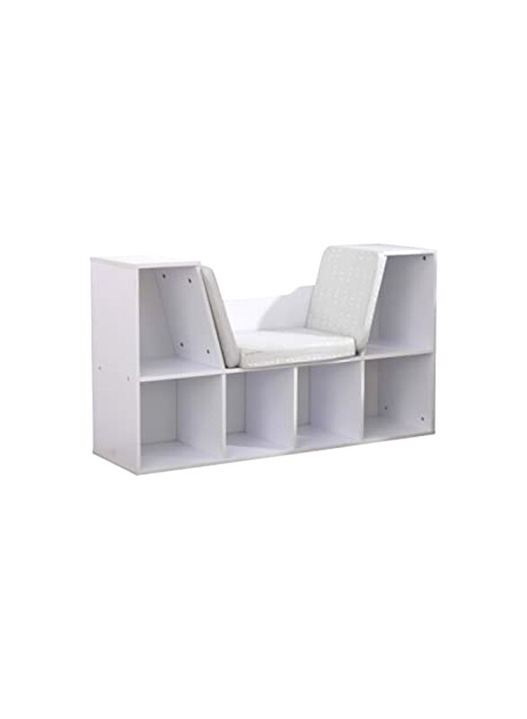 KidKraft Wooden Bookcase with Reading Nook, Storage and Gray Cushion, White