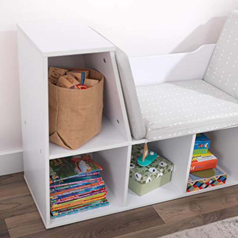 KidKraft Wooden Bookcase with Reading Nook, Storage and Gray Cushion, White