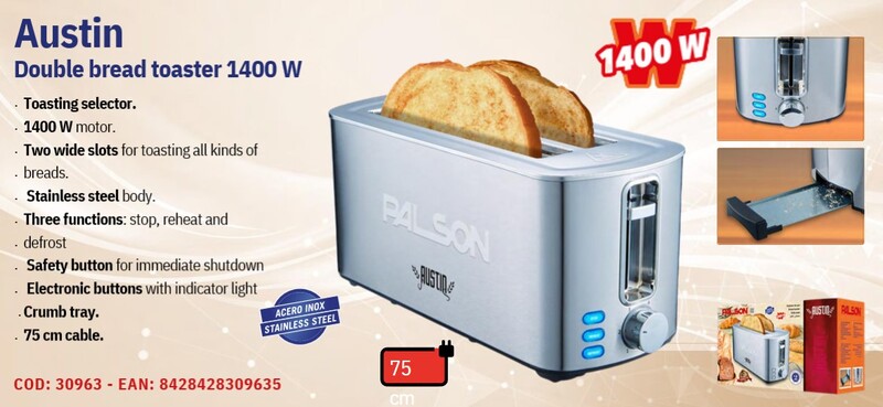 PALSON AUSTIN 1400W 2 Slice wide slot Toaster with stainless steel and 3 year Warranty
