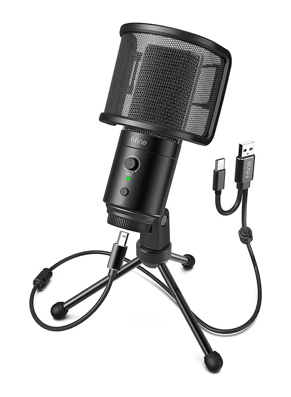 

FIFINE K683A USB Desktop Microphone for PC/Mac, Studio Condenser Mic with Gain Control, 3.5 mm Headphone Jack, Black