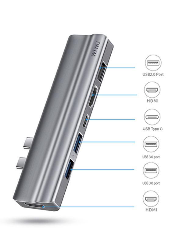 WiWu T9 8-in-1 Aluminum Alloy Case USB-C Hub for Laptop, T9G, Grey