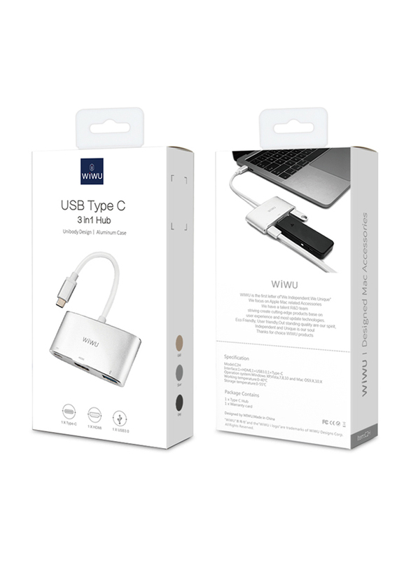 WiWu Alpha 3-in-1 USB-C Hub for Laptop, ALPHAC2HG, Silver