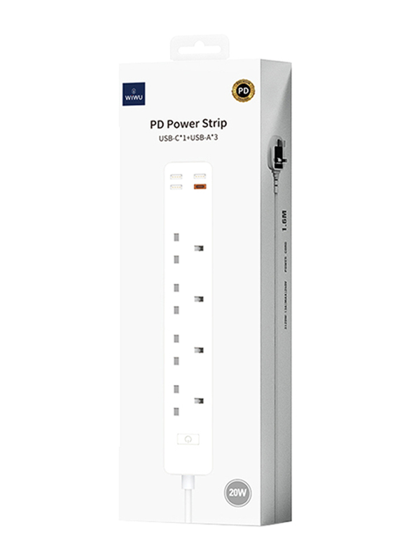 WiWu PD20W USB-Cx1 Plus USB-Ax3 Power Strip with 1.6 Meter Cable, U02UKW, White