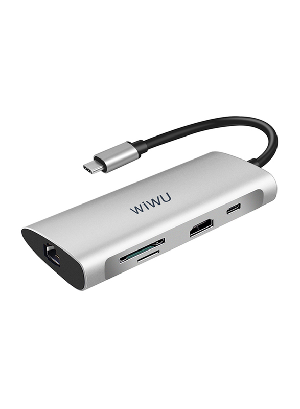 WiWu Alpha 8-in-1 USB-C Hub for Laptop, A831HRTG, Silver