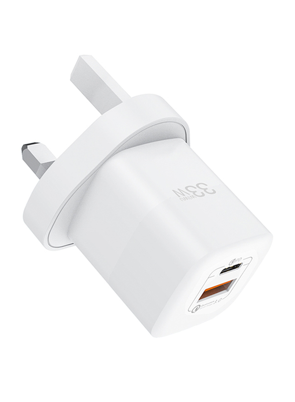 WiWu GaN UK 33W USB-C + QC3.0 Fast Charger, RY-U33UK, White