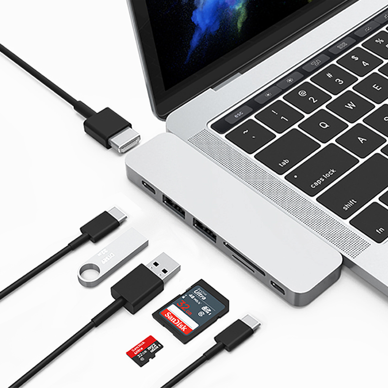 WiWu T08 7-in-1 Aluminum Case USB Type-C Hub for Laptop, T08G, Silver