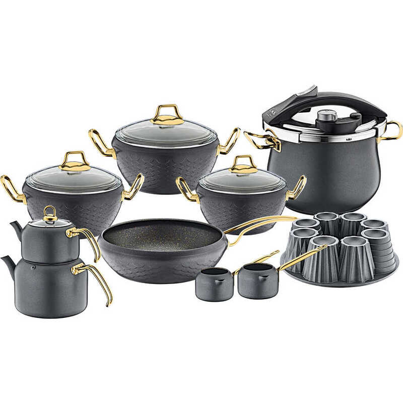 OMS - 16Pcs Colonna Granite Cookware Set - Grey Color - Made in Turkey