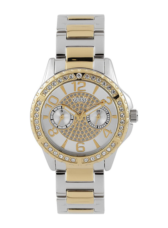 

Guess Analog Watch for Women with Stainless Steel Band, Water Resistant with Date Display, W0705L4, Silver/Gold