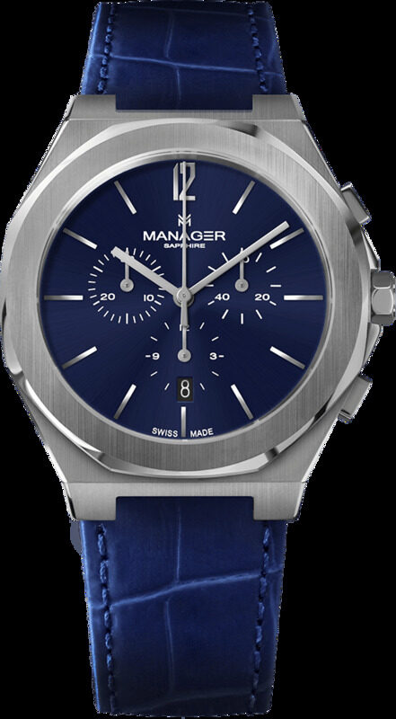 

Manager Analog Watch for Men with Leather Genuine Band, MAN-RS-03-SL, Navy Blue-Blue