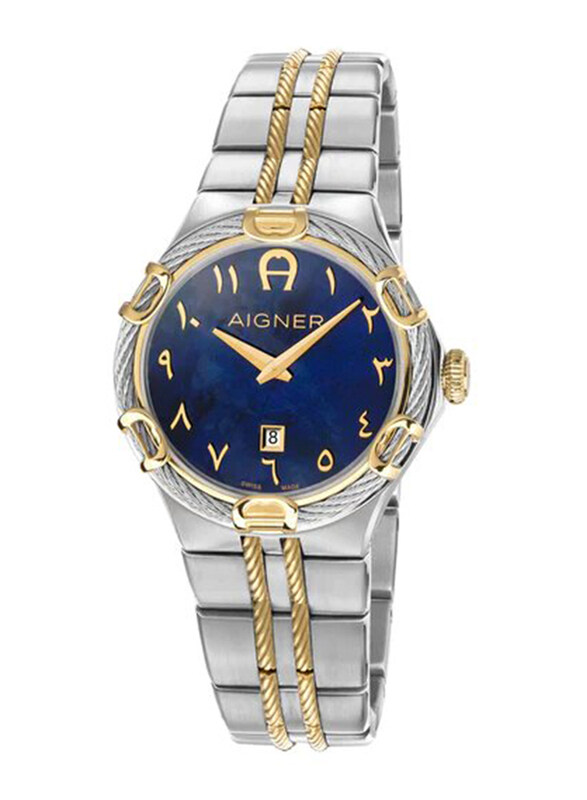 

Aigner Parma Wrist Watch for Women with Stainless Steel Band, Water Resistant, A135210, Silver/Gold-Blue