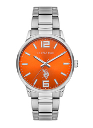 US Polo Assn. Analog Watch for Men with Stainless Steel Band, Water Resistant, Uspa1051-07, Silver-Orange