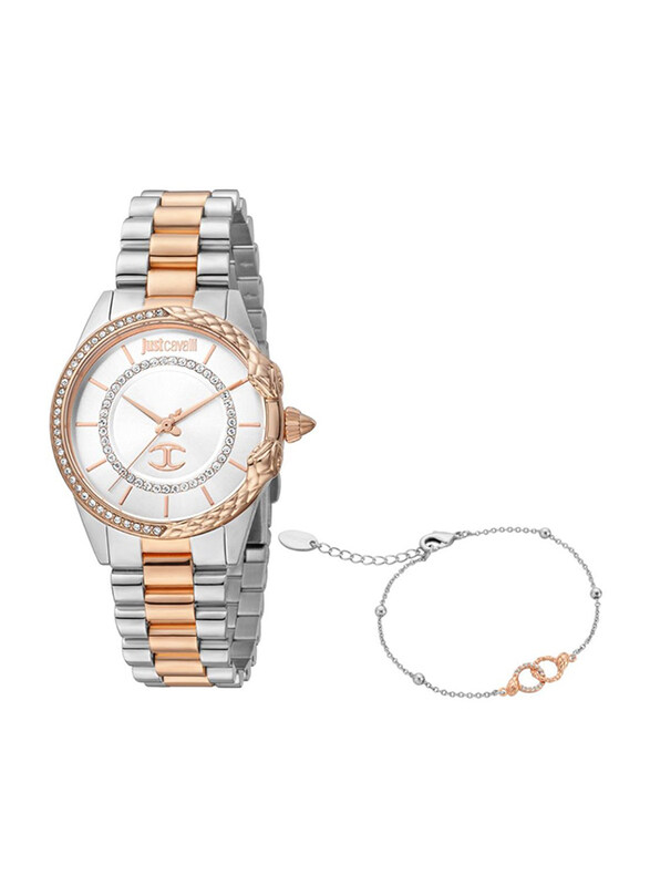 

Just Cavalli Analog Watch for Women with Stainless Steel Band, Water Resistant, Silver/Gold-White