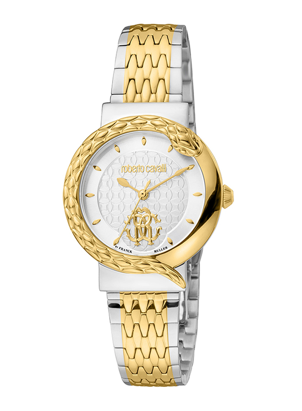 Roberto Cavalli Franck Muller Analog Watch for Women with Stainless Steel Band, Water Resistant, RV1L156M1091, Multicolour-White