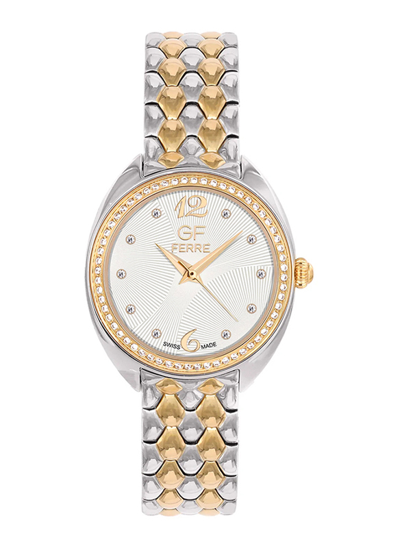 Gf Ferre Analog Watch for Women with Stainless Steel Band, Water Resistant, GFTG5016L, White-Silver/Gold