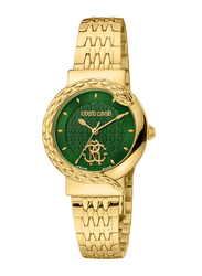 Roberto Cavalli Franck Muller Analog Watch for Women with Stainless Steel Band, Water Resistant, RV1L156M1071, Gold-Green