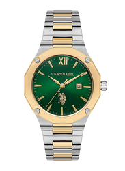 US Polo Assn. Analog Watch for Women with Stainless Steel Band, Water Resistant, Uspa2063-04, Gold/Silver-Green